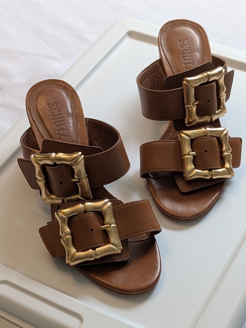 SCHUTZ Enola Weekend Brown Leather Mid Block Heel Sandals - Size 6.5B